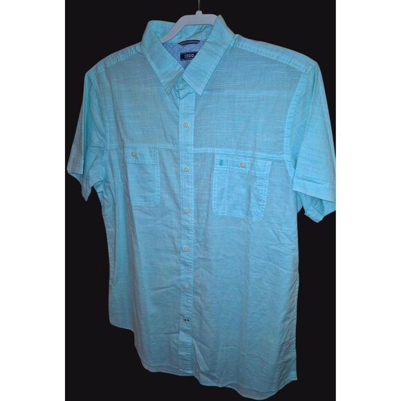 Izod Mens Teal Short Sleeve Button-Up Shirt W/Dual Pockets Embroidered Logo - Picture 1 of 8